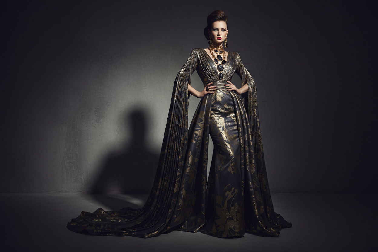 Confident elegant woman in a high-fashion editorial shoot, luxury designer outfit, statement jewelry, dramatic studio lighting, dark neutral background, cinematic mood, ultra-realistic, premium magazine style, no text, no logos, high resolution